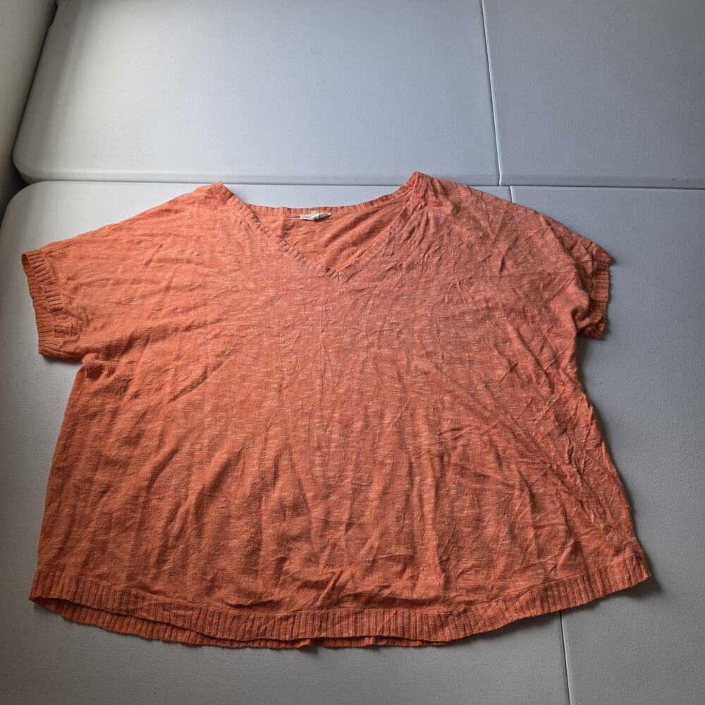 Eileen Fisher Sweater Womens 3X Orange Linen Cotton V Neck Short Sleeve Knit